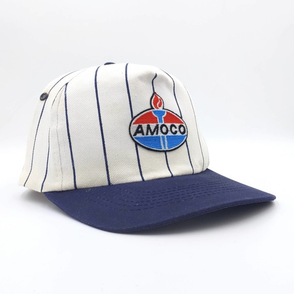 Vintage Amoco Snapback Trucker Hat Patch Stripes Two-Tone Advertising White Blue